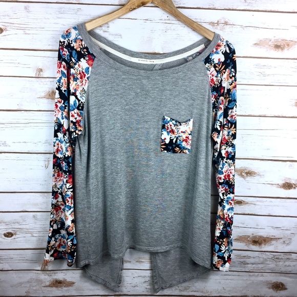 Gray Long Sleeve Floral Open Back Top - Picture 1 of 8